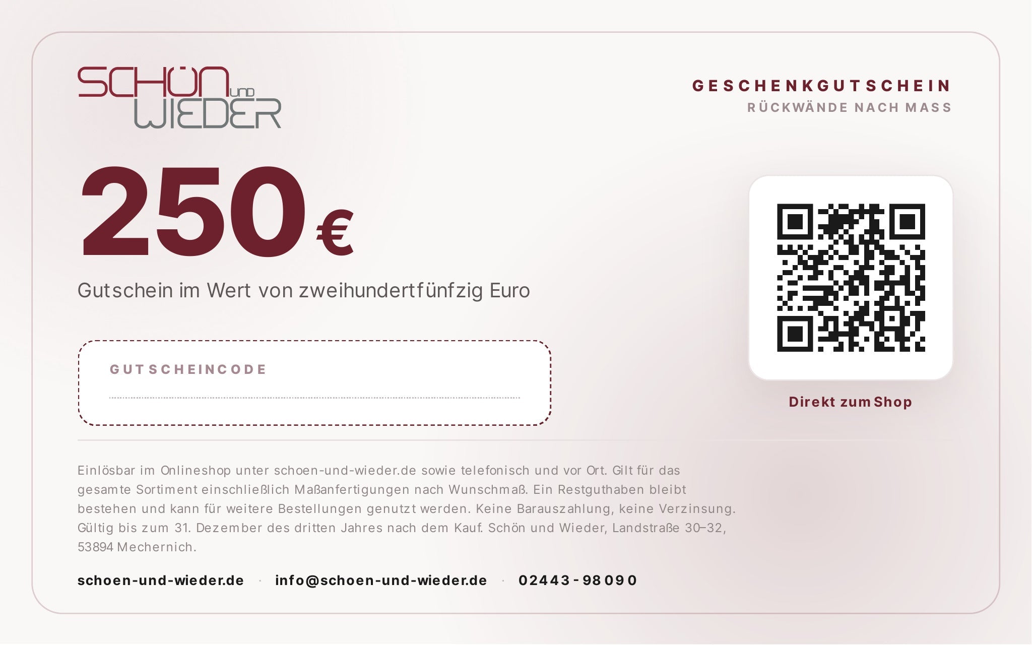 250 EUR Geschenkgutschein für unsere Rückwände - Schön und Wieder