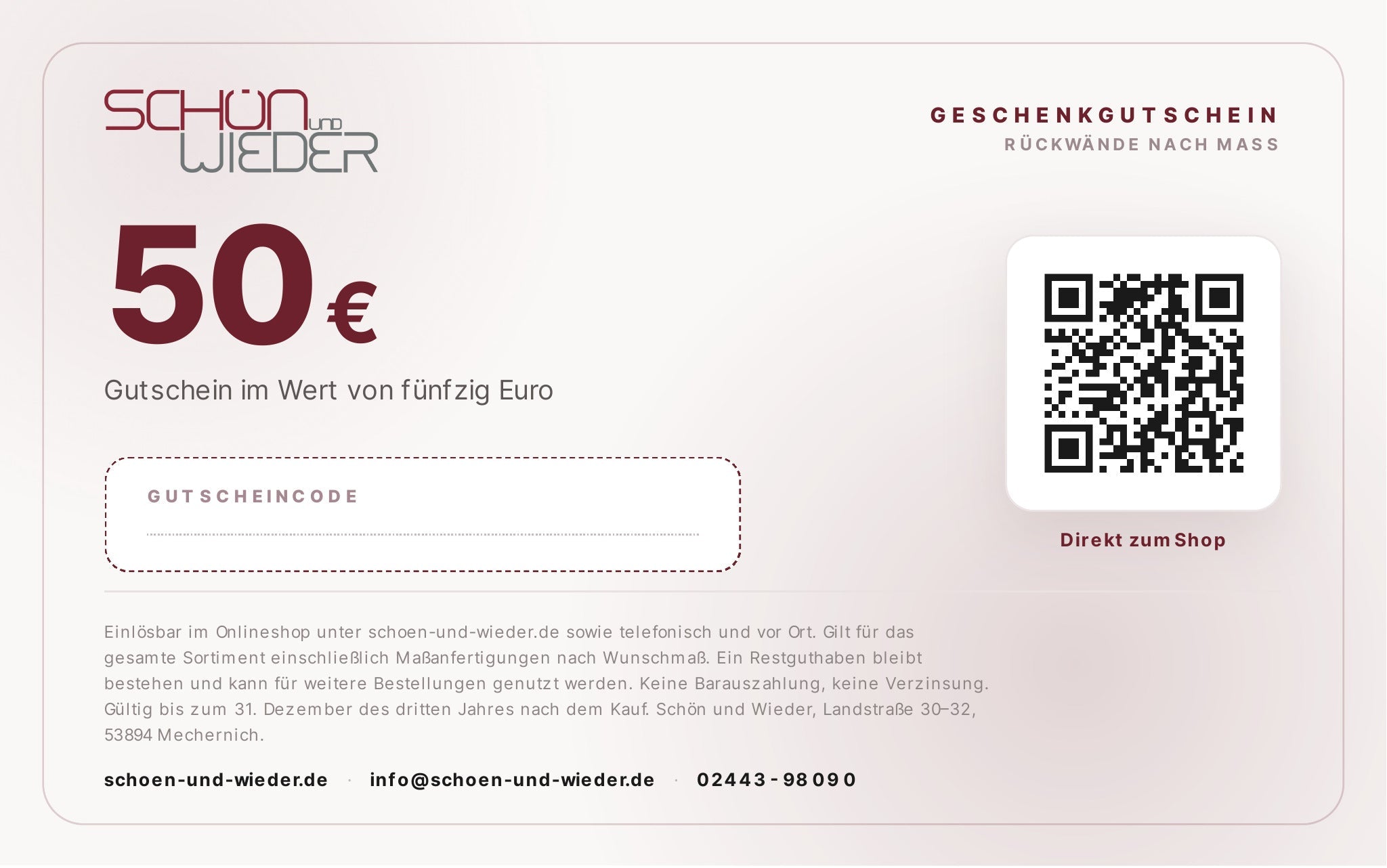50 EUR Geschenkgutschein für unsere Rückwände - Schön und Wieder