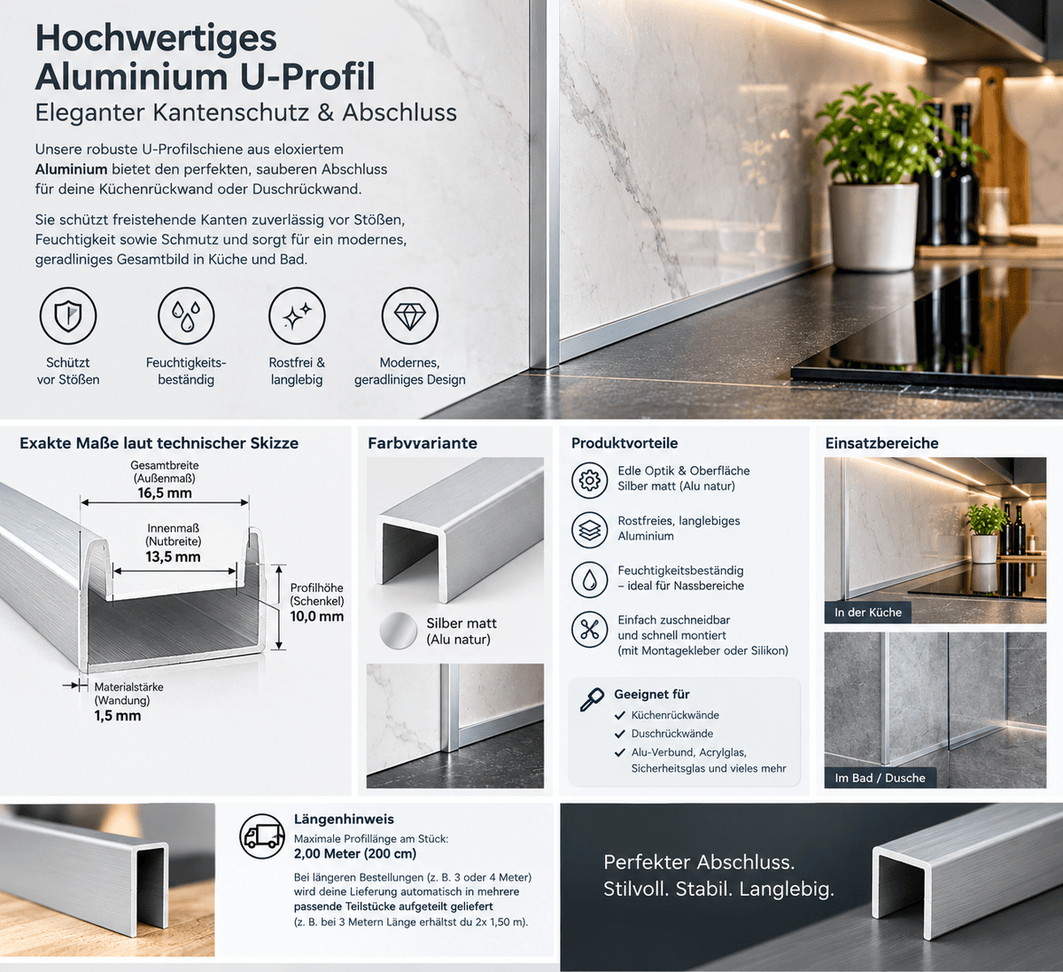 Aluminium U-Profilschiene (13,5mm Innenmaß) für Küchen- & Duschrückwand - Schön und Wieder