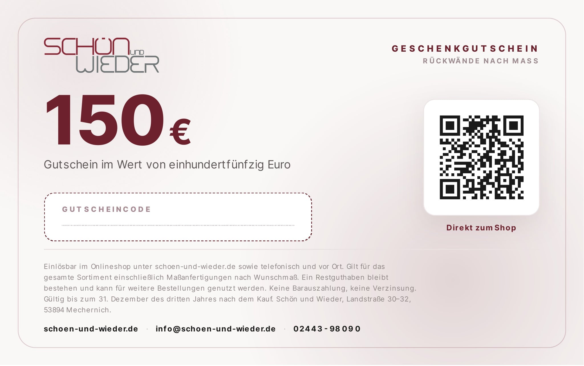 150 EUR Geschenkgutschein für unsere Rückwände - Schön und Wieder