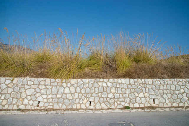 Duschrückwand Natursteinmauer mit Grasbüscheln