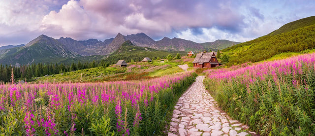 Küchenrückwand Bergtal mit Blumen und Hütten