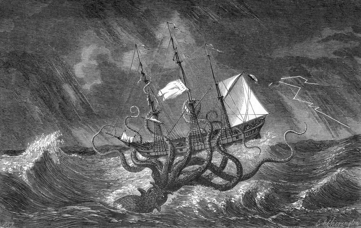 Küchenrückwand Kraken greift Segelschiff an - Schön und Wieder