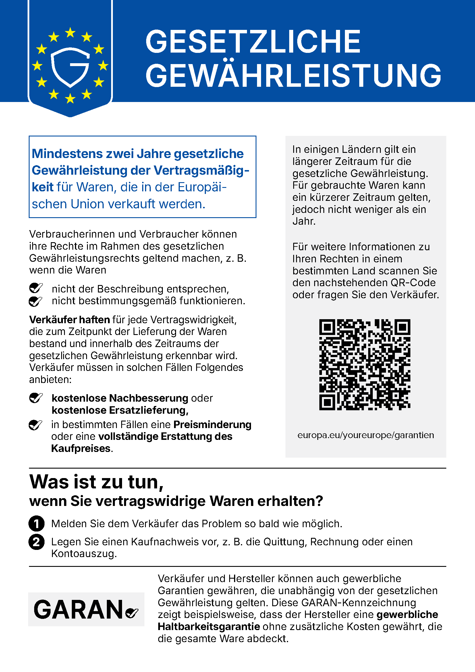 EU-Hinweis: Gesetzliche Gew&auml;hrleistung &ndash; mindestens zwei Jahre f&uuml;r Waren, die in der Europ&auml;ischen Union verkauft werden
