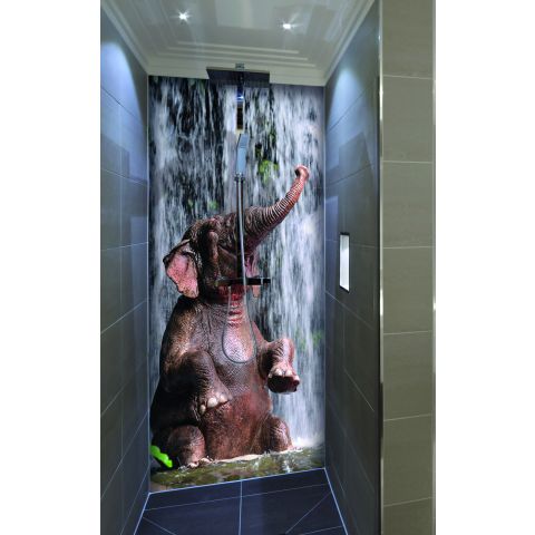 Duschrückwand mit Motiv 90x220cm ESG Glas 6mm "Elefant vor Wasserfall" Duschpaneel, Duschwand ohne Fliesen DU231