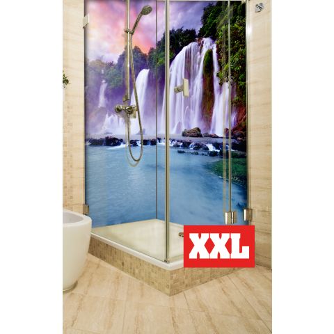 Eckduschrückwand XXL mit Motiv 2x 120x220cm Aluverbund 3mm "Traumhafter Wasserfall" Duschpaneel, Duschwand ohne Fliesen